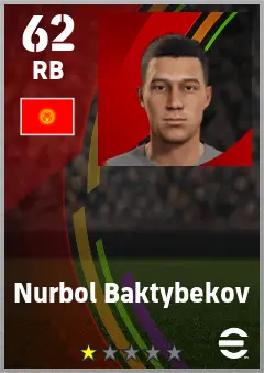 Nurbol Baktybekov eFootball 2026 player card — 62 OVR RB