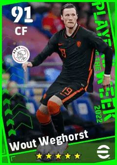 Wout Weghorst eFootball 2026 player card — 91 OVR CF