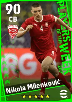 Nikola Milenkovic eFootball 2026 player card — 90 OVR CB