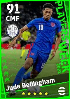 Jude Bellingham eFootball 2026 player card — 91 OVR CMF