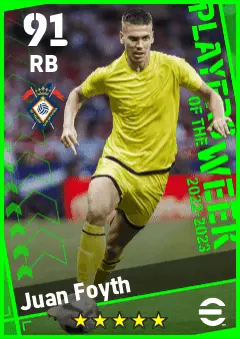 Juan Foyth eFootball 2026 player card — 91 OVR RB