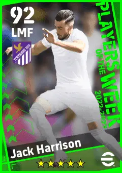 Jack Harrison eFootball 2026 player card — 92 OVR LMF