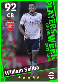 William Saliba eFootball 2026 player card — 92 OVR CB