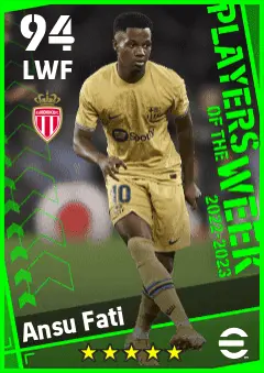 Ansu Fati eFootball 2026 player card — 94 OVR LWF