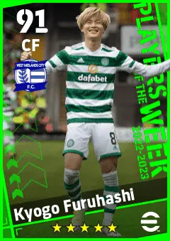 Kyogo Furuhashi eFootball 2026 player card — 91 OVR CF