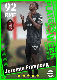 Jeremie Frimpong eFootball 2026 player card — 92 OVR RMF