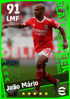 Joao Mario eFootball 2026 player card — 91 OVR LMF