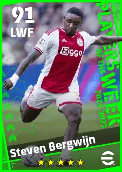 Steven Bergwijn eFootball 2026 player card — 91 OVR LWF