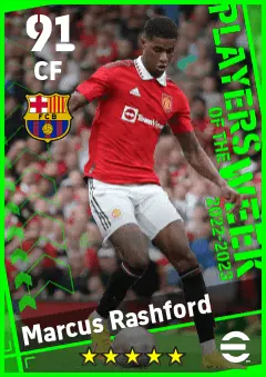 Marcus Rashford eFootball 2026 player card — 91 OVR CF