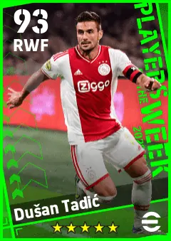 Dusan Tadic eFootball 2026 player card — 93 OVR RWF