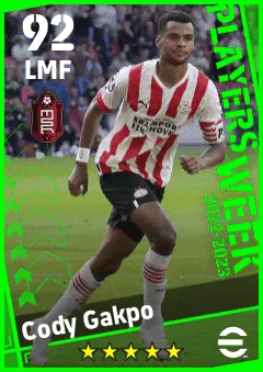 Cody Gakpo eFootball 2026 player card — 92 OVR LMF