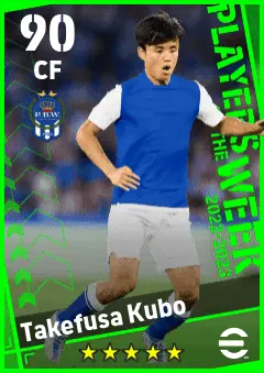 Takefusa Kubo eFootball 2026 player card — 90 OVR CF