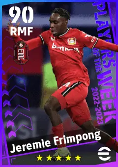 Jeremie Frimpong eFootball 2026 player card — 90 OVR RMF