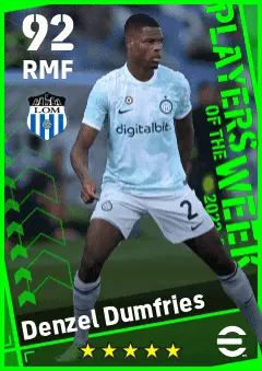 Denzel Dumfries eFootball 2026 player card — 92 OVR RMF