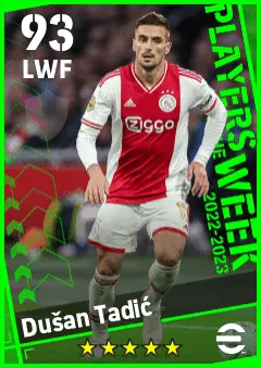 Dusan Tadic eFootball 2026 player card — 93 OVR LWF