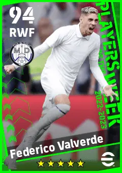 Federico Valverde eFootball 2026 player card — 94 OVR RWF