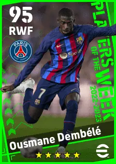 Ousmane Dembele eFootball 2026 player card — 95 OVR RWF