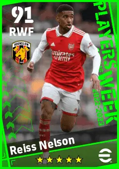 Reiss Nelson eFootball 2026 player card — 91 OVR RWF