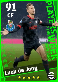 Luuk de Jong eFootball 2026 player card — 91 OVR CF