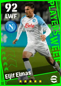 Eljif Elmas eFootball 2026 player card — 92 OVR LWF