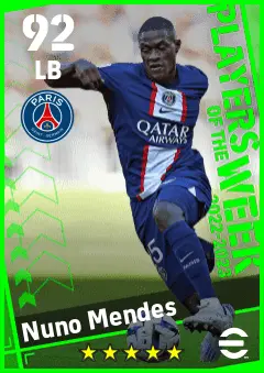 Nuno Mendes eFootball 2026 player card — 92 OVR LB