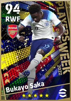 Bukayo Saka eFootball 2026 player card — 94 OVR RWF