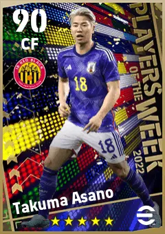 Takuma Asano eFootball 2026 player card — 90 OVR CF