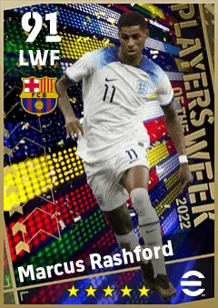 Marcus Rashford eFootball 2026 player card — 91 OVR LWF