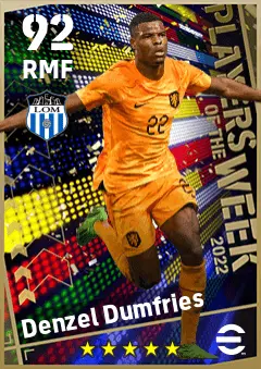 Denzel Dumfries eFootball 2026 player card — 92 OVR RMF