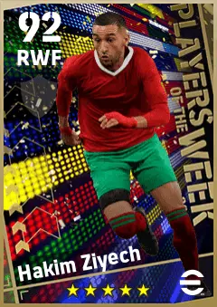 Hakim Ziyech eFootball 2026 player card — 92 OVR RWF