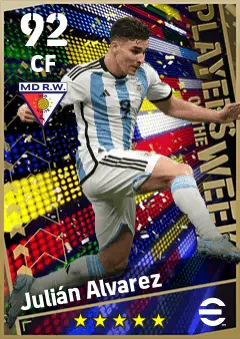 Julian Alvarez eFootball 2026 player card — 92 OVR CF