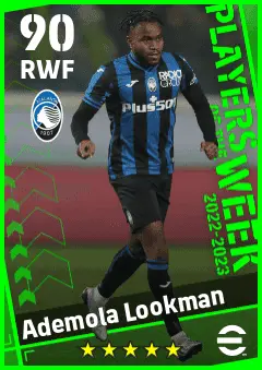 Ademola Lookman eFootball 2026 player card — 90 OVR RWF