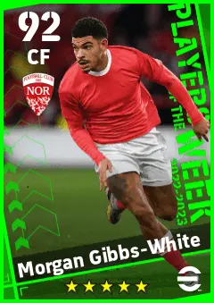 Morgan Gibbs-White eFootball 2026 player card — 92 OVR CF