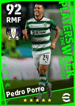 Pedro Porro eFootball 2026 player card — 92 OVR RMF