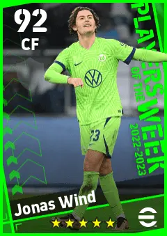 Jonas Wind eFootball 2026 player card — 92 OVR CF