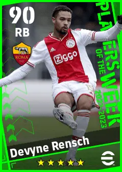 Devyne Rensch eFootball 2026 player card — 90 OVR RB