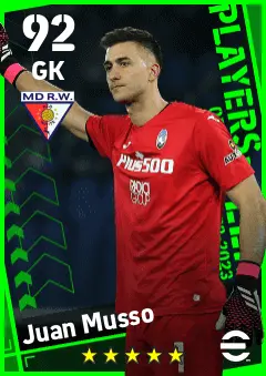 Juan Musso eFootball 2026 player card — 92 OVR GK