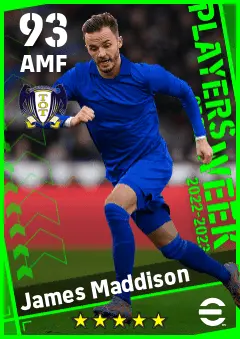 James Maddison eFootball 2026 player card — 93 OVR AMF