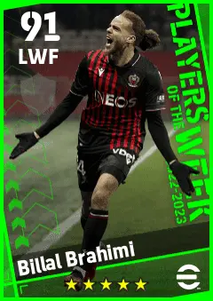 Billal Brahimi eFootball 2026 player card — 91 OVR LWF