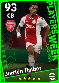 Jurrien Timber eFootball 2026 player card — 93 OVR CB