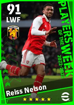 Reiss Nelson eFootball 2026 player card — 91 OVR LWF