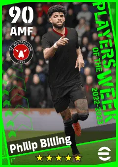 Philip Billing eFootball 2026 player card — 90 OVR AMF