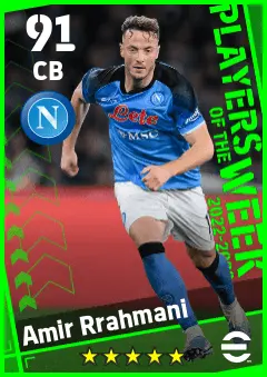 Amir Rrahmani eFootball 2026 player card — 91 OVR CB