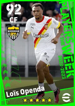 Lois Openda eFootball 2026 player card — 92 OVR CF