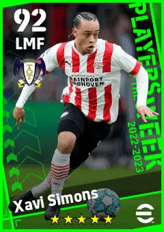 Xavi Simons eFootball 2026 player card — 92 OVR LMF
