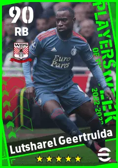 Lutsharel Geertruida eFootball 2026 player card — 90 OVR RB