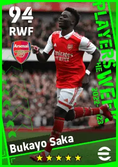 Bukayo Saka eFootball 2026 player card — 94 OVR RWF
