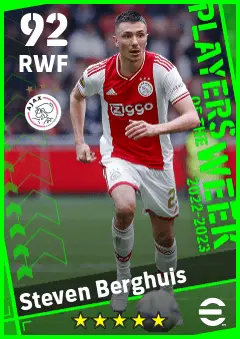 Steven Berghuis eFootball 2026 player card — 92 OVR RWF