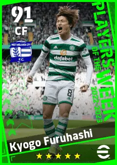 Kyogo Furuhashi eFootball 2026 player card — 91 OVR CF