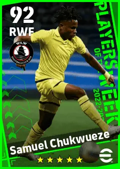 Samuel Chukwueze eFootball 2026 player card — 92 OVR RWF